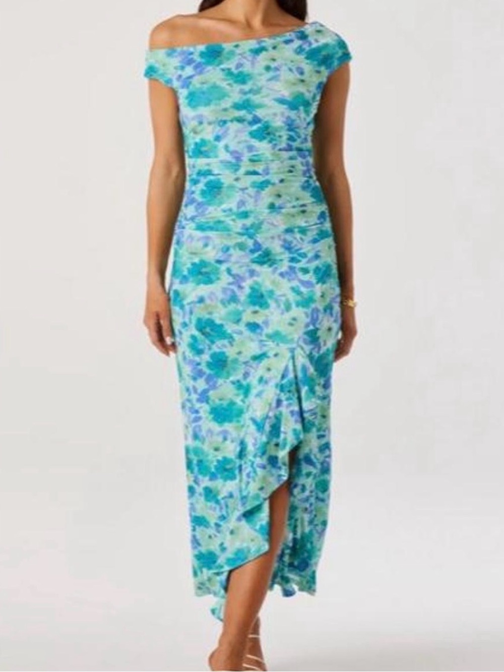 Floral Off-Shoulder Midi Dress in Aqua Blue